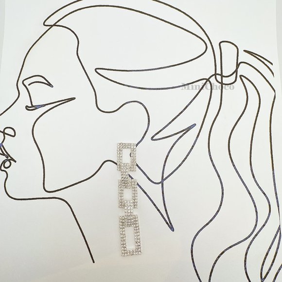 Silver Tone Rhinestone Rectangle Chain Link Earrings - Picture 10 of 10